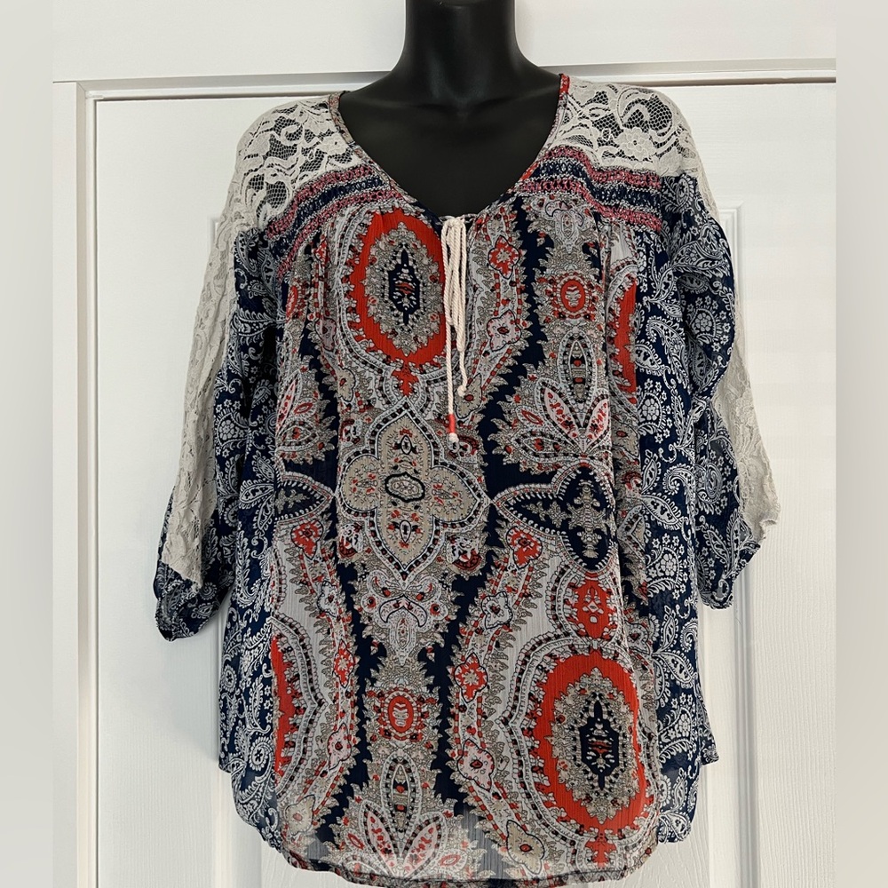 Miss Me Paisley Lace Blouse - Navy, Orange and Cream